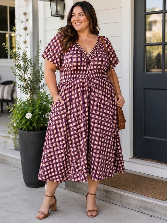 Ava & Viv Dresses & Skirts - Ava & Viv Plaid V-Neck Midi Dress with Pockets Purple Cream XXL